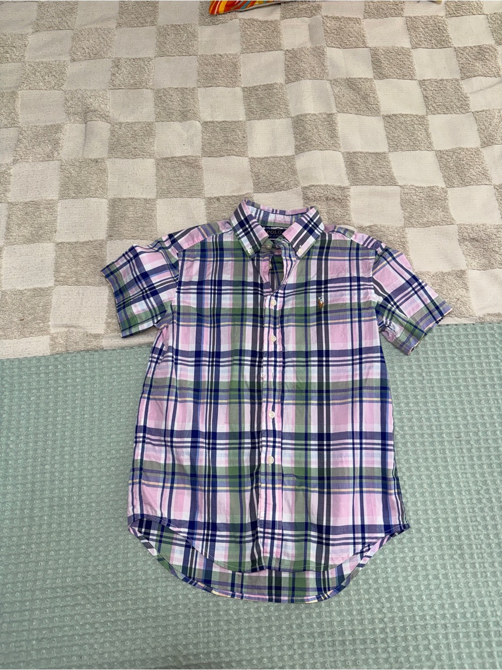 Polo Ralph Lauren Short Sleeve Plaid Button-Up Shirt in Pink, Blue & Green S (8)